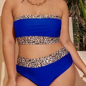 *NEW-Plus Leopard Trim Bandeau Bikini Swimsuit
